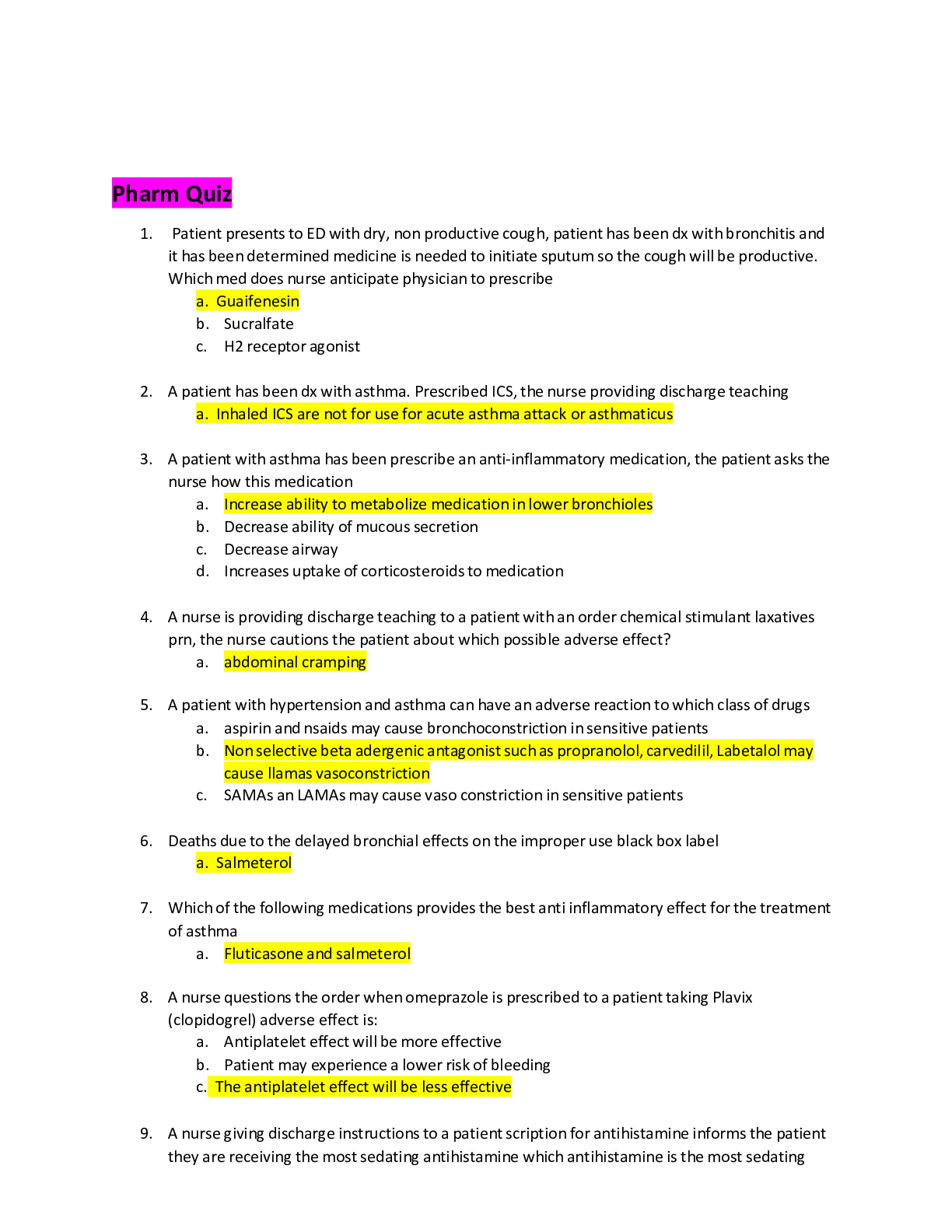 Preview of NUR 3145 - Pharmacotherapeutics Pharm Quiz